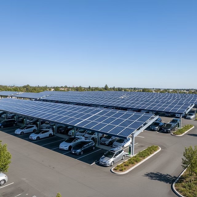 Aerial view of a large solar carport installation